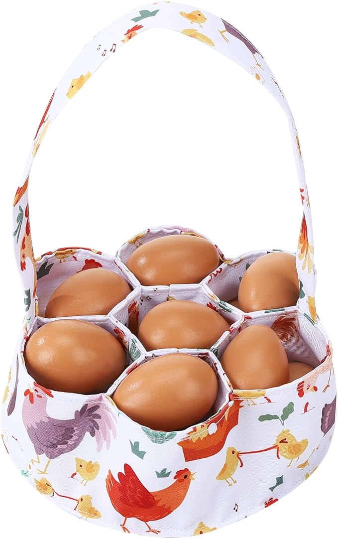 Egg Collecting Basket, Canvas Egg Basket for Gathering with 7 Pouches for Chicken, Duck, Goose, Bird, Various Poultry Collection (Cartoon Chicken Style 3)