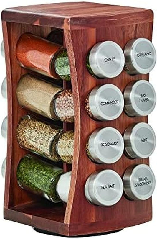 Kamenstein 16 Jar Hourglass Revolving Countertop Spice Rack with Spices Included, FREE Spice Refills for 5 years, Acacia with Stainless Steel Caps,Brown