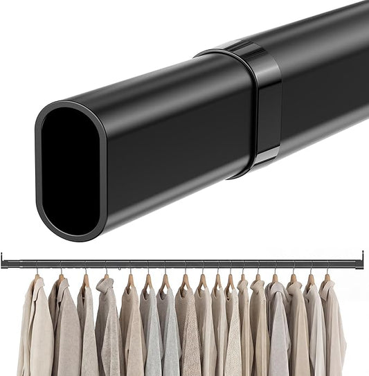 Oval Closet Rod 18-88 Inch Adjustable Closet Rods for Hanging Clothes Heavy Duty Black Poles Bar with End Supports Rust Proof Wardrobe Rod for Laundry Room RV