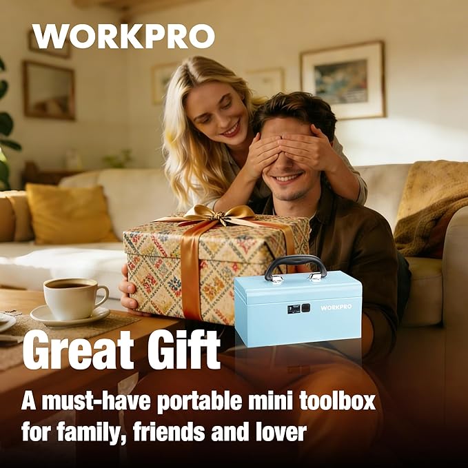WORKPRO 10.8" Portable Mini Metal Tool Box with Removable Color-Matching Tray, One-Button Latch Toolbox, Steel Tool Chest with PP Handle, Compact Storage Organizer for Home, Office or Workshop
