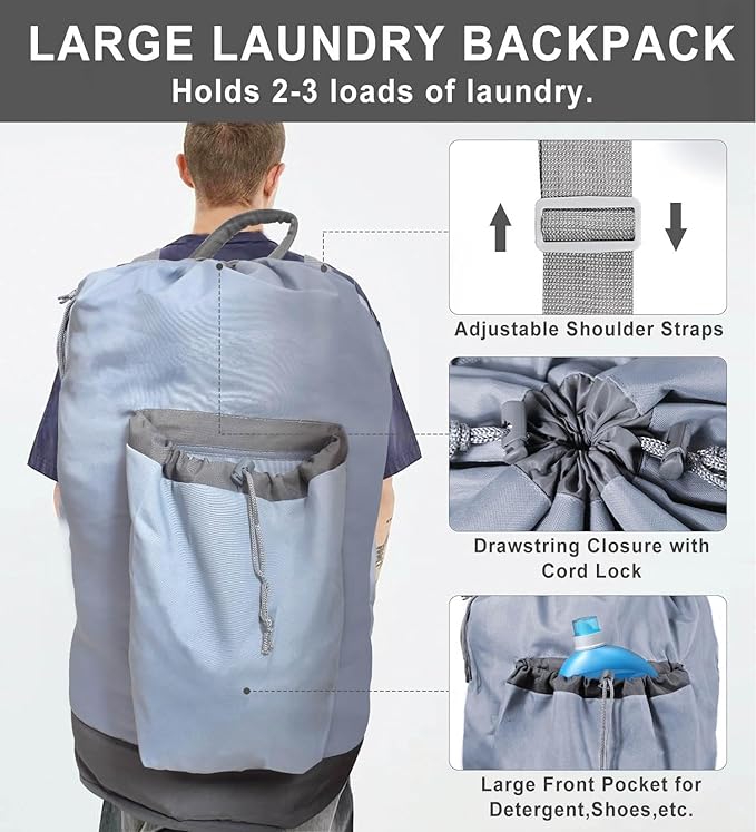 VividPaw Laundry Bag Extra Large Heavy Duty, Laundry Backpack for College students, Travel Laundry Bags with Adjustable Strap, Dirty Clothes Hamper, College Dorm Room Essentials (Grey)