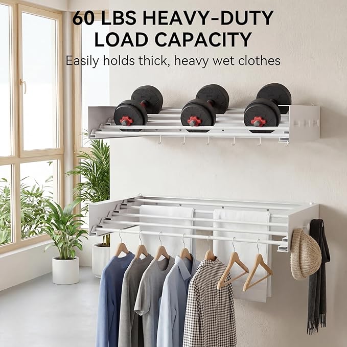 Collapsible Laundry Drying Rack Wall Mounted - 31.5 Inch Metal Clothing Drying Rack with 6+6 Hooks, Retractable Foldable Dryer Racks for Laundry Drying Indoor, Heavy Duty Towel & Coat Hanger