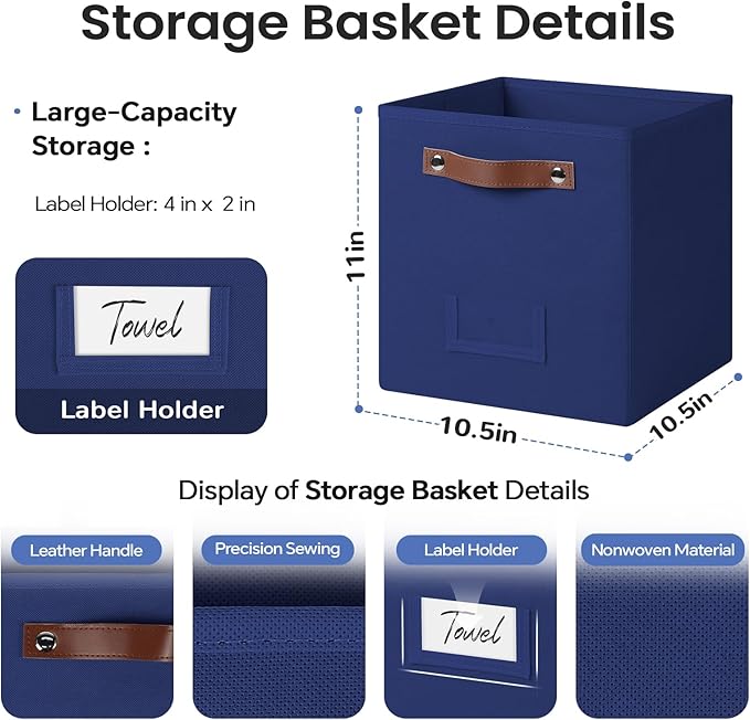 FinishingBo 6-Pack Storage Cubes with Handles & Label Holders Basket, Closet Cube Home Organizer Bins(Blue, 10.5*10.5*11 inch)