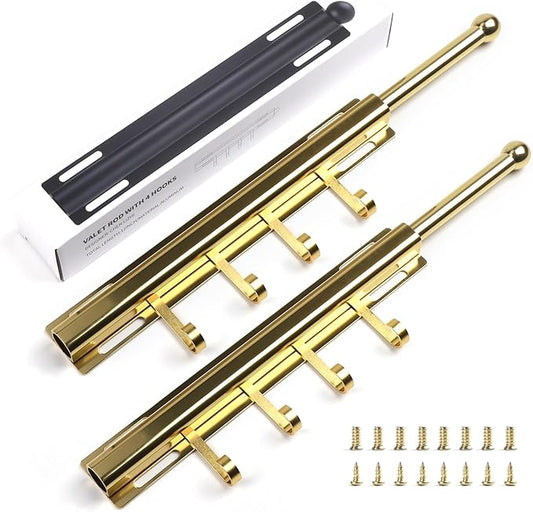 BaiNong 12" Valet Rod for Closet Pull Out With 4 Hooks Valet Rods for Closets (2Pack Gold) Closet Valet Rod Slide Out