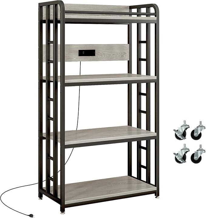 METYERRY Adjustable 4-Tier Heavy Duty Kitchen Baker's Rack with Power Outlet, with Industrial Wheels, Free Standing Microwave Oven Cart Stand for Storage in Living Room, Garage, Greige