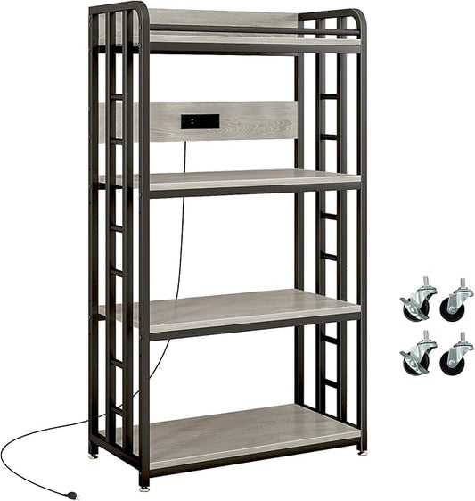 METYERRY Adjustable 4-Tier Heavy Duty Kitchen Baker's Rack with Power Outlet, with Industrial Wheels, Free Standing Microwave Oven Cart Stand for Storage in Living Room, Garage, Greige
