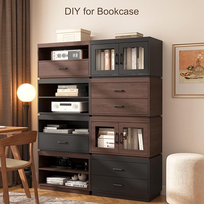 Stackable Storage Drawers,28" Wide Storage Bins w/Drawers and Compartment, Wood Stackable Organizer Modern Large Stackable Storages Units for Living Room Hallway (Black)
