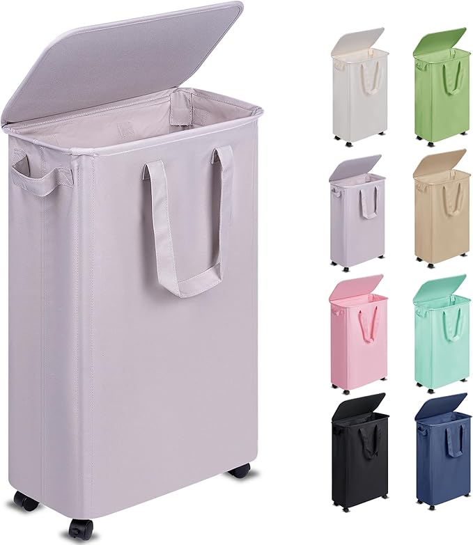 Vincona Slim Laundry Hamper with Lid and Wheels, Small Rolling Laundry Basket with Handle for Small Spaces, Tall Dirty Clothes Hampers for Dorm, Bathroom and Bedroom, 55L, Grey