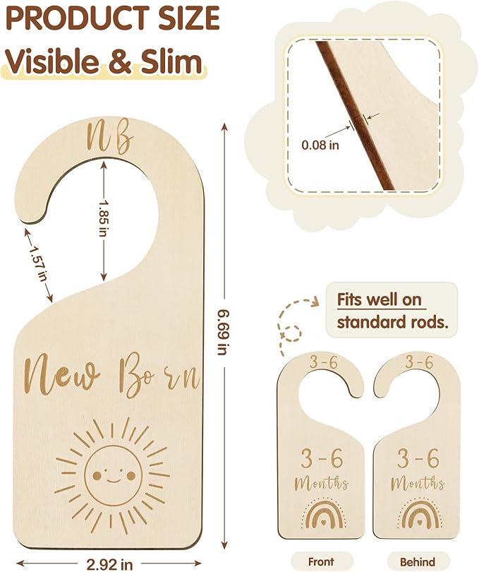 MEILIDY Baby Closet Dividers, Wooden Double Sided Nursery Clothes Size Separators for Newborn to 24 Months, Neutral, 7 Pcs