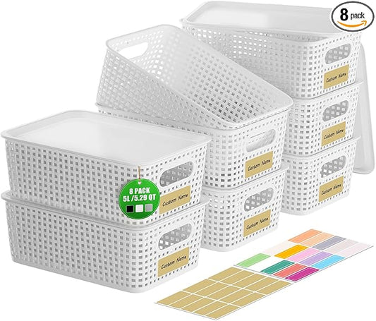 8 PCS Plastic Storage Baskets with Lids, Stackable Storage Bins with Lids & Labels for Organizing, Small Storage Bins for shelves, Office, Drawer, Cabinet & Pantry,Nursery Organization,10.2*7.2*4.1In