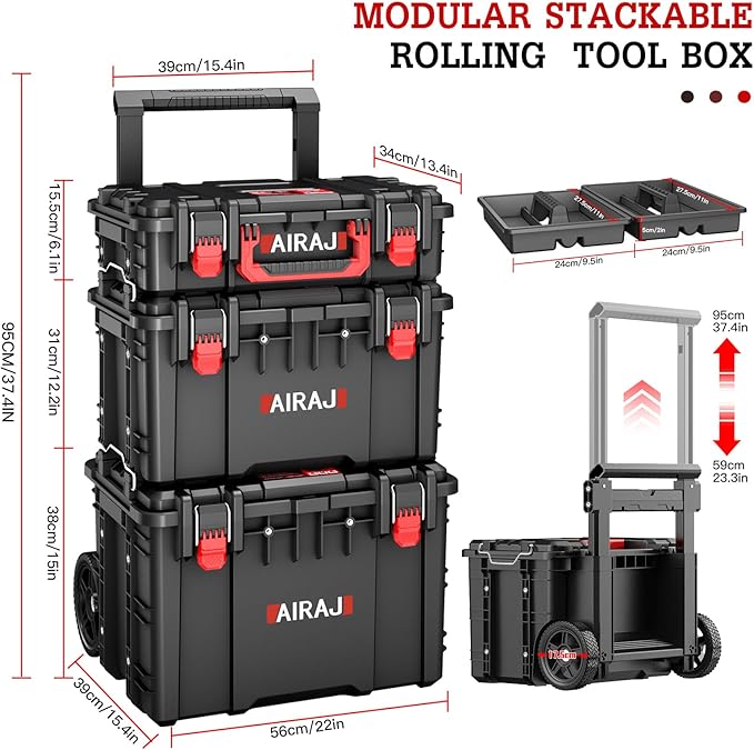 Rolling Tool Box with Wheels Heavy Duty,Modular Stackable Tool Box Organizer,Waterproof Toolbox for Hand/Power Tools,Removable Divider/Parts Box,All-terrain Durable Wheels,Telescopic Pull Rod Handle