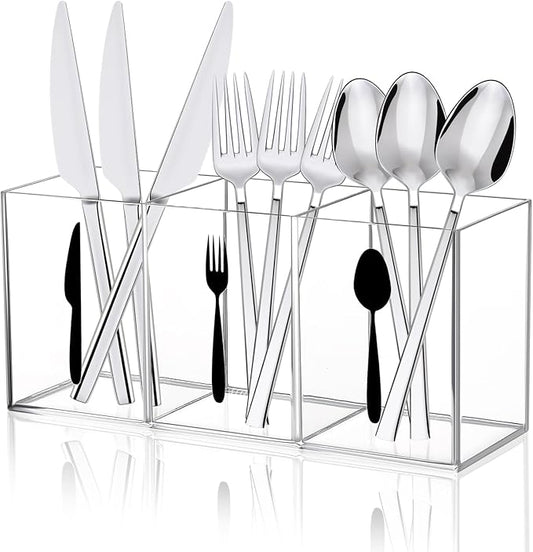 Acrylic Cutlery Storage Organizer Bin Clear Acrylic Silverware Caddy Utensil Holder 3 Compartment Cutlery Caddy Plastic Tableware Silverware Holder for Countertop Kitchen Party Buffet Picnic