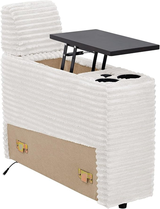 LEVNARY Modular Lift-Top Console with USB Charging and Cup Holders, Center Storage Module for Modular Reclining Sofa (White)