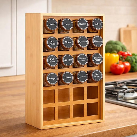 Novabright 24 Grids Bamboo Spice Rack Organizer, Wooden Spice Rack Wall Mount with Square Compartments, Wood Hanging Shelf for 4 oz Glass Jar Drawer Cabinet Kitchen Countertop Wall, Jars Not Included