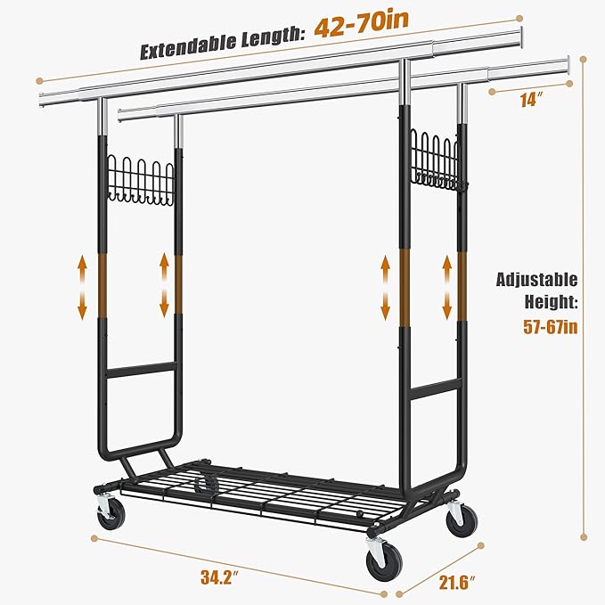 Gewudraw Heavy Duty Clothes Rack Load 900 Lbs, Commercial Double Rod Rolling Clothing Rack With Sturdy Wheel And Shelves，Adjustable Portable Hanging Rack For Clothes,Black