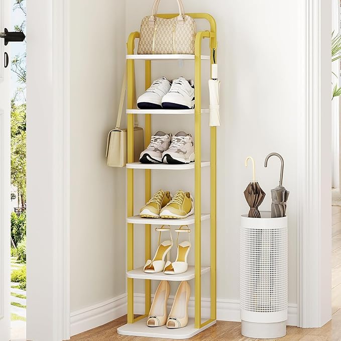 Hzuaneri 6 Tiers Vertical Shoe Rack, Narrow Shoe Tower, Tall Shoes Shelf with 2 Hooks, Adjustable Shelves, Corner Shoes Shelves for Small Spaces, Entryway, Living Room, White Gold SR04213A