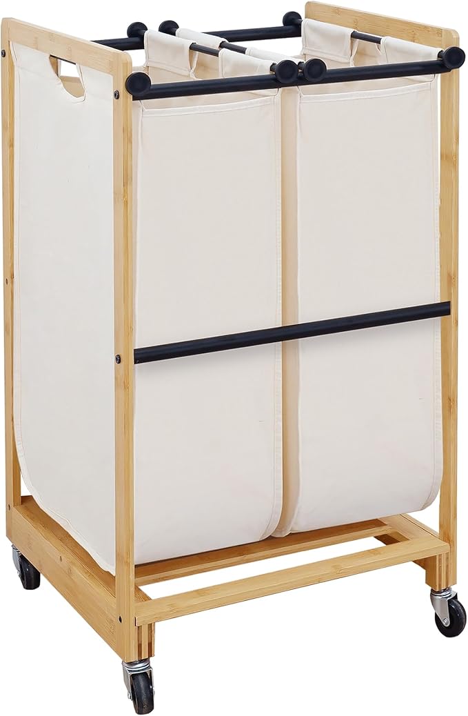 STO STO 2-Section Laundry Sorter with Bamboo Frame, Rolling Laundry Hamper Basket with Removable Bags and Lockable Wheels, Laundry Cart for Clothes Storage in Bedroom & Laundry Room, Beige