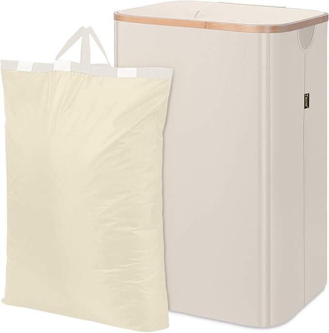 BALEINE Laundry Hamper with Lid, Tall Laundry Baskets with Bamboo Pull Handles, Large Laundry Bin with Internal Support (18 Gal/70L, Beige)