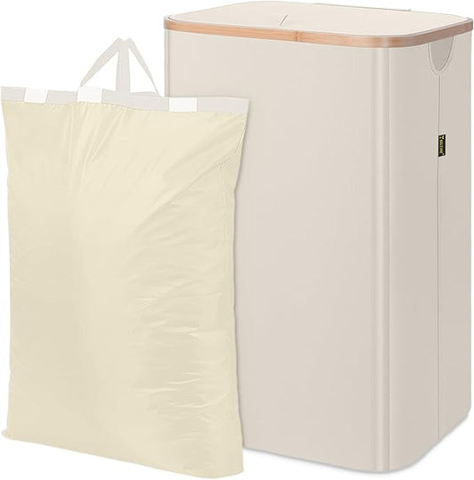 BALEINE Laundry Hamper with Lid, Tall Laundry Baskets with Bamboo Pull Handles, Large Laundry Bin with Internal Support (18 Gal/70L, Beige)