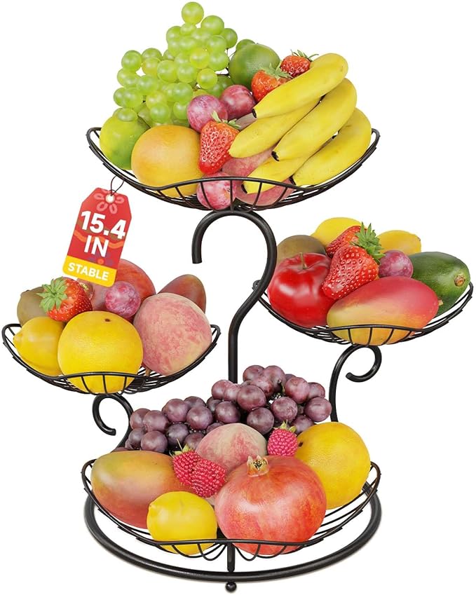 PouHenier.jh 4 Tier Fruit Basket Stand for Counter, Kitchen Tiered Fruit Bowl Organizer for Dining Table Countertop, Multi Level Fresh Produce and Vegetable Holder Rack, Sturdy Metal Wire, Black