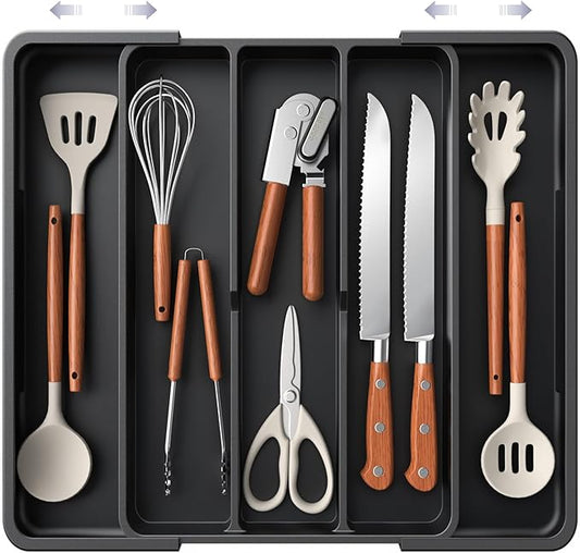 Aujen Silverware Organizer - Expandable Kitchen Drawer Organizer, Adjustable Utensil Organizer, Cutlery Tray for Forks, Knives, Multipurpose Kitchen Organizers and Storage Solution, Black, X-Large