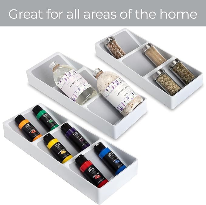 Smart Design 3 Section Plastic Spice Rack Drawer - Non-Slip Lining and Feet - BPA Free - Seasoning Jars, Makeup Storage, Countertop Bottle Tray, 3 Tier - Pantry Kitchen Organizer - White with Gray