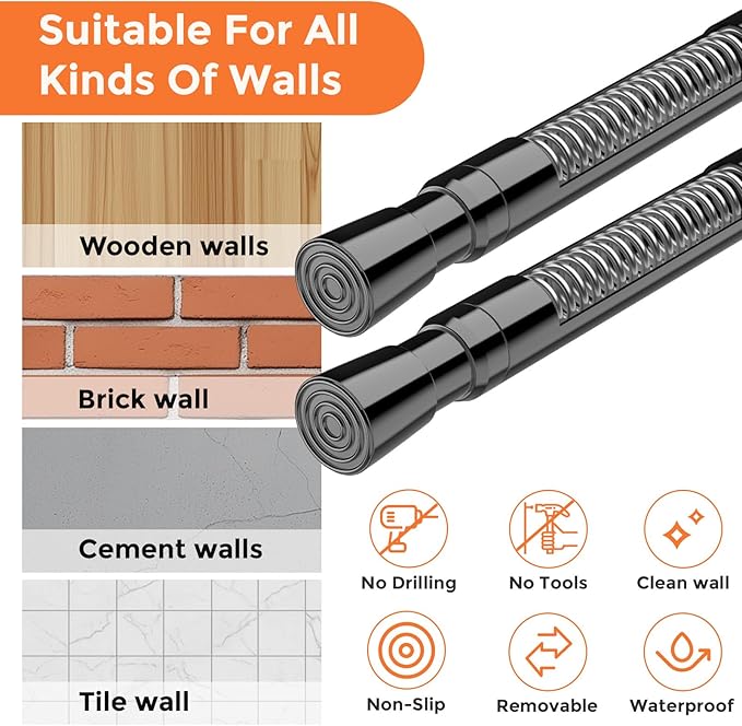 FVONZON Tension Curtain Rod Black Spring Tension Curtain Rods 26-39 inch 2Pack Adjustable Spring Rods Extendable Tension Rod For Closet, Window, Kitchen,Bookshelf,Bathroom