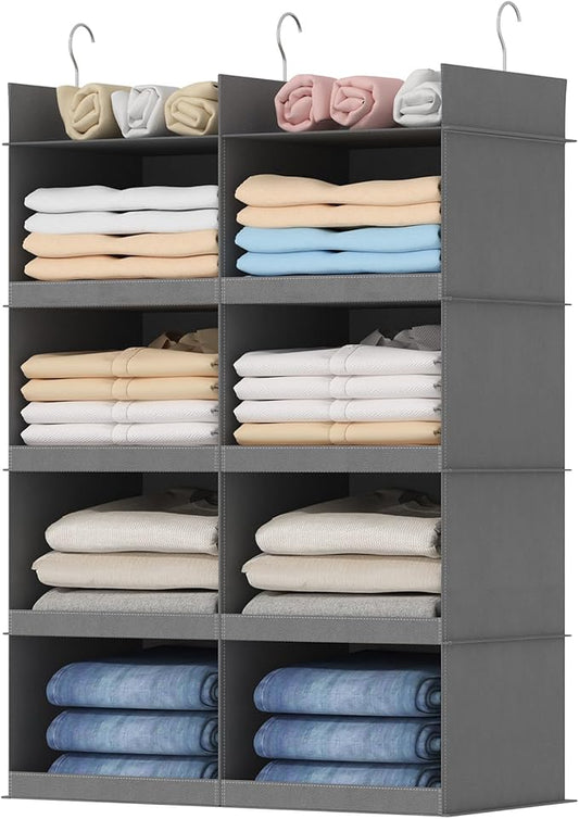 Lifewit Dual-Row Shelf Hanging Closet Organizer and Storage, Clothes Shelves with 3 Sturdy Hooks for Clothing Organization, Foldable Container Hold Up to 24 Sweaters, 4 Tier 8 Sections, Gray