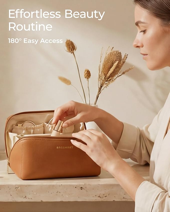 BAGSMART Makeup Bag Travel Cosmetic Bag, Large Make Up Bag Flat Open Toiletry Bag for Women, PU Leather Travel Essentials Organizer Case, Wide-open Pouch Purse for Skincare, Brushes, Vintage Brown