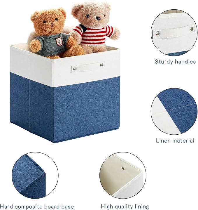 FinishingBo 13 x 13 Inch Fine Linen Storage Bins with Handles，Fabric Cube Boxs，Basket Organizers for Shelves for Home, Closet Drawers (White/Blue-4 Pack)