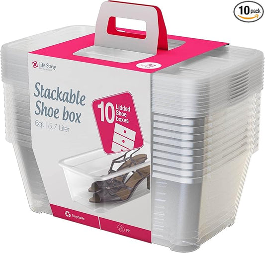 Life Story 10-Pack Plastic Storage Box, Stackable Shoe Organizer Tote Containers, 6 Liter - Clear Bins and Boxes with Lids for Bedroom, Closet, Cabinet, and Garage Organization