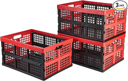 Aebeky 3-Pack Plastic Collapsible Storage Crates-30L,Foldable Plastic Crates for Storage (Black+Red)