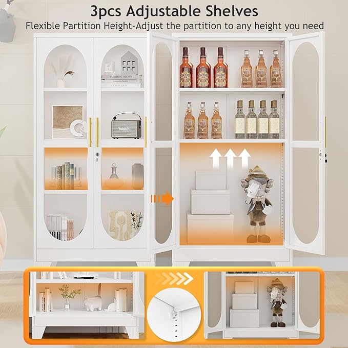 PAOFIN 61" H Locking Display Cabinet with Glass Door, Metal Cabinets with 3 Adjustable Shelves, Cabinet Display Case for Living Room, Collectibles, Clinic, Home - Assembly Required White