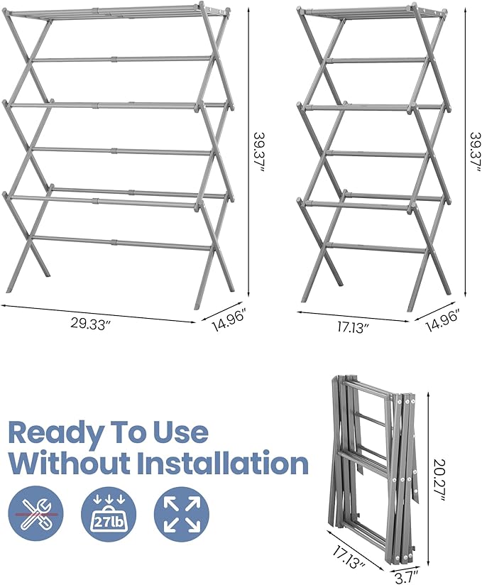 APEXCHASER Clothes Drying Rack, 3-Tier Laundry Drying Rack for Clothes, Expandable Metal Clothing Dryer, Collapsible Towel Rack, Air Drying Rack, Grey
