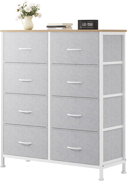 OLIXIS 8 Drawer Storage Dresser with Wood Top - Wide Fabric Chest Organizer for Bedroom, Closet, Living Room,Tower Cabinet, TV Stand, Hallway Entryway Furniture,Light Grey