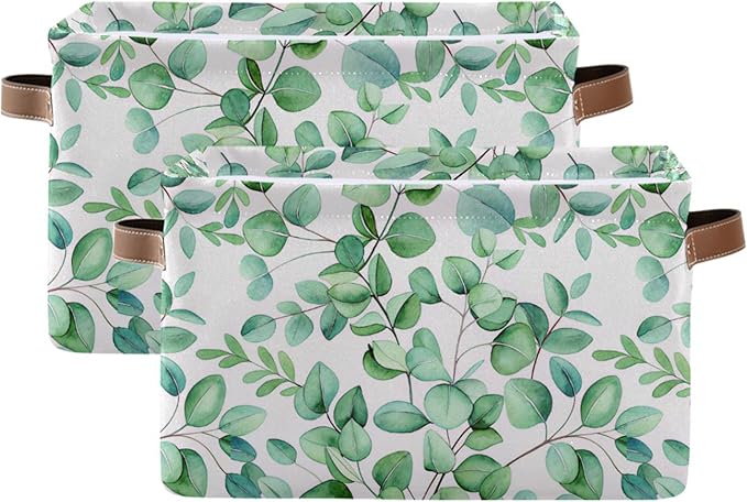 xigua Green Leaves Storage Basket Collapsible Storage Bins Waterproof Canvas Storage Basket with Leather Handles for Home Closets Offices,Bedrooms,Gift Baskets,1PCS