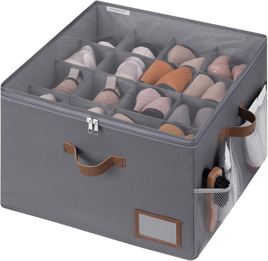 StorageWorks Shoe Organizer for Closet, Fabric Shoe Storage Boxes for Slippers and Sandals, Stackable Shoe Bins for Closet with Side Mesh Pockets, Holds Up to 16 Pairs, Gray
