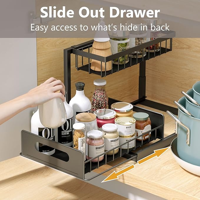 Ceetug Under Sink Organizers and Storage 2 Tier Slide Out Kitchen Cabinet Organizer Sturdy Metal Bathroom Storage (Black, 2 Pack)