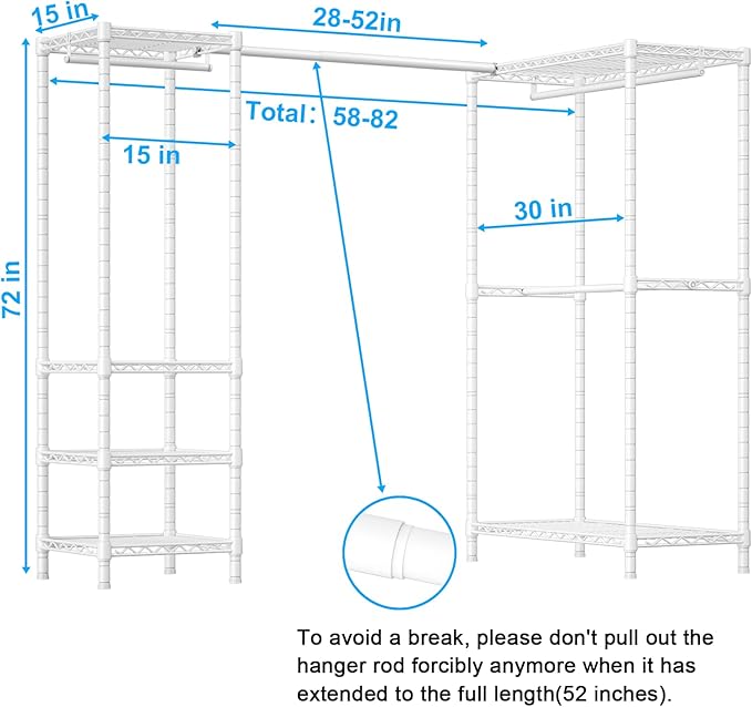 ULIFHOME E10L L-Shaped Clothes Rack for Corner（With Expandable Hanger Rod）Heavy Duty Freestanding Clothing Racks for Hanging Clothes，Portable Garment Rack 58-82"W x 30"D x 72"H，Max Load 900LBS, White