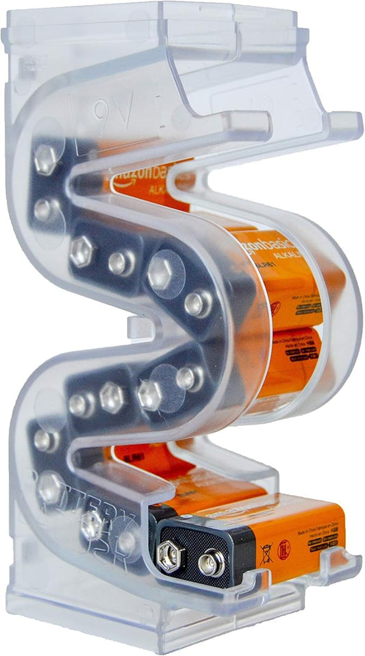 Battery Ladder Organizer Case for 9V Batteries - Stackable or Mounted Vertical Storage Battery Dispenser for Home, Garage, & Workshop (1-Pack, Holds 10 9V Batteries)