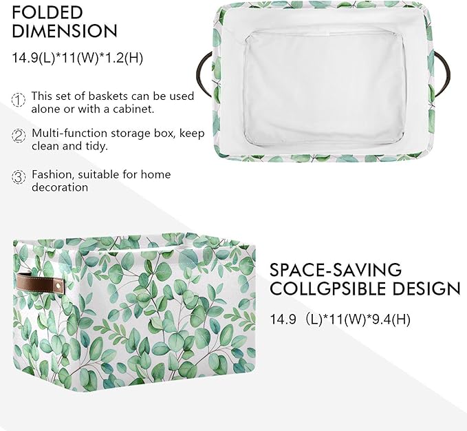 xigua Green Leaves Storage Basket Collapsible Storage Bins Waterproof Canvas Storage Basket with Leather Handles for Home Closets Offices,Bedrooms,Gift Baskets,2PCS