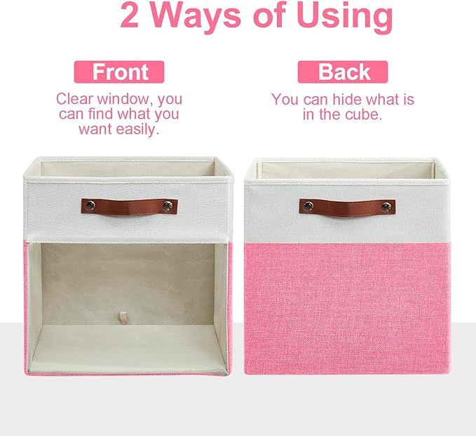 Bagnizer Storage Cubes, 4 Pack Linen Foldable Storage Bins (13 x 13 inch) with Clear Window and Handles, Fabric Organizer for Shelf Closet, Clothes, Books - (Pink and White)