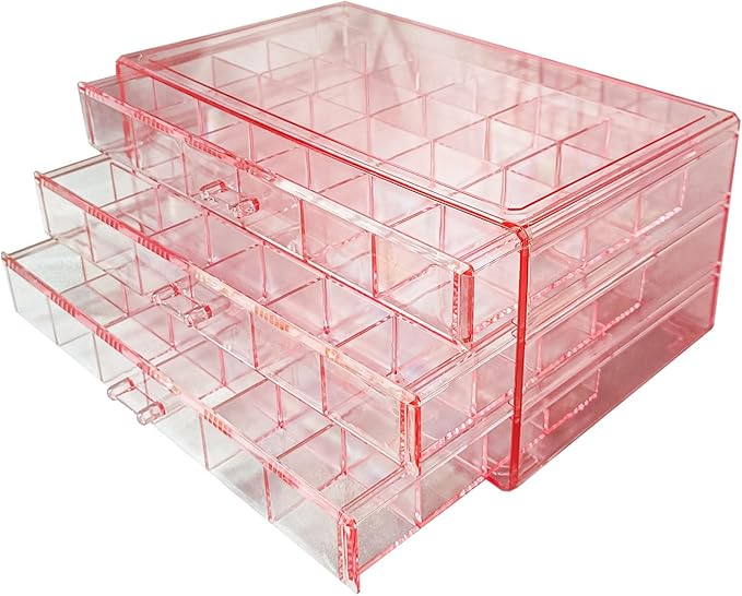Acrylic Earrings Jewelry Organizer with 3 Drawers 72 grids, Stackable Necklace Rings Display Storage Case Box Holder, Clear pink