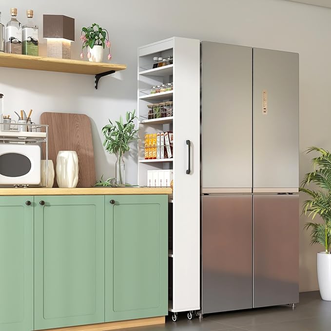 KEIKI 7 Tier Pull-Out Kitchen Pantry Storage Cabinet, Multi-Tier Single-Sided Open Shelf, Spice Rack Next to Fridge, Wood Hutch Food Pantries Cupboard for Coffee Bar, Dining Room, Narrow Spaces