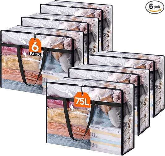 Lifewit 6 Pack Clear Clothes Storage Bags, 75L Plastic Blanket Storage Bag, Vinyl Foldable Moving Bags with Zipper, Closet Organizers and Storage Containers for Bedding, Duvet, Comforter