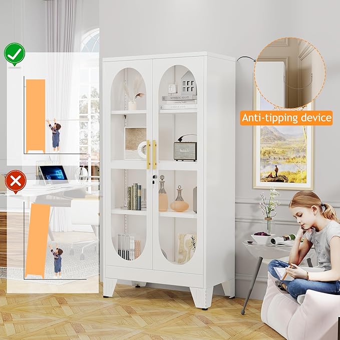 PAOFIN 61" H Locking Display Cabinet with Glass Door, Metal Cabinets with 3 Adjustable Shelves, Cabinet Display Case for Living Room, Collectibles, Clinic, Home - Assembly Required White