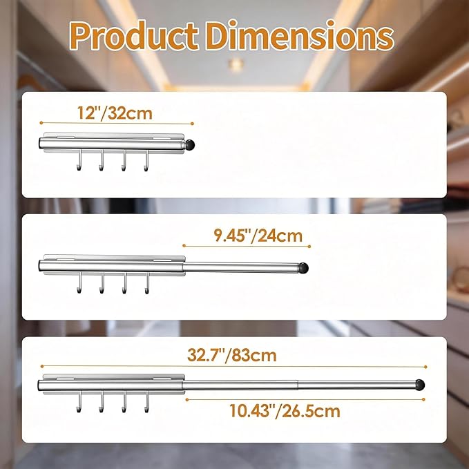 Lewondr Valet Rod for Closet Pull Out, 12" Adjustable Heavy Duty Extending Closet Rod, Valet Clothing Hanger Rods Extender for Wardrobe, Laundry Room, Bedroom, Bathroom, Silver, 2 Pack