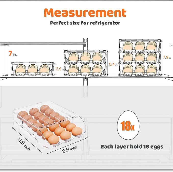 SMRCAD Egg Holder for Fridge, Automatic Steady Rolling Egg Dispenser with Silicone Bumpers & Handle for Refrigerator, Large Capacity Egg Organizer with Lid