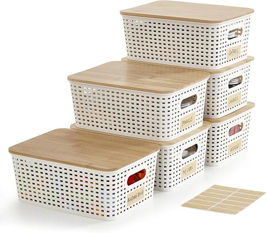 Bagnizer Small Plastic Storage Bins with Bamboo Lids 5.2qt Stackable Box Basket Pantry Decorative Containers Cute with Lable for Organizing Desktop Closet Office Cream White of 6 packs 10*7.2*4.1'’