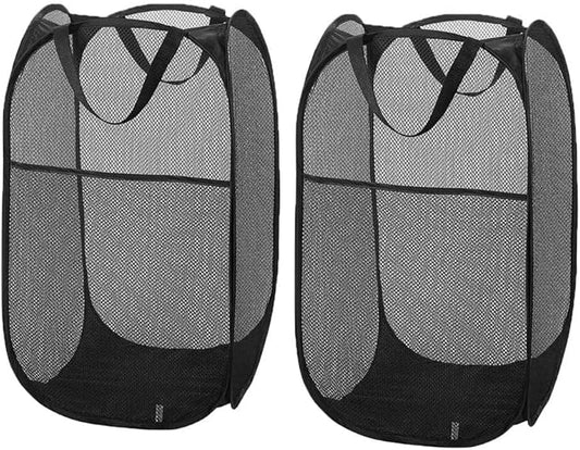 Larpur Popup Mesh Laundry Basket, Collapsible and Portable Clothes Washing Laundry Hamper with Reinforced Carry Handle (Black 2pcs)